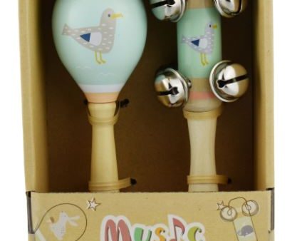 CALM AND BREEZY SEAGULL WOODEN MARACA AND BELL SET-SEAGULL For Sale